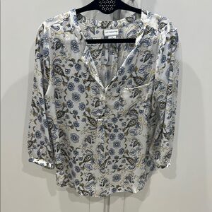 Liz Claiborne blue yellow white paisley floral satin blouse